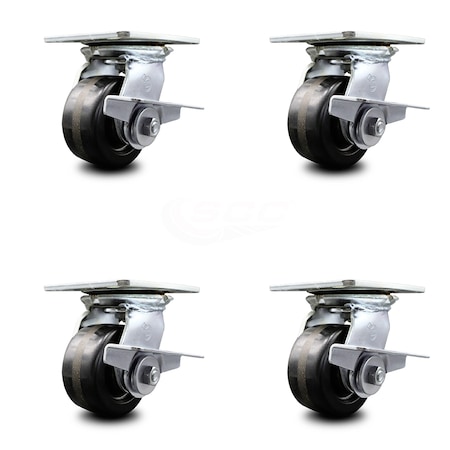 Service Caster 4 Inch Heavy Duty Phenolic Caster Set with Roller Bearings and Brakes SCC SCC-35S420-PHR-SLB-4